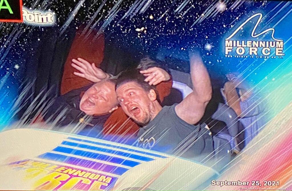 A Millennium Force memento photo featuring Crystal and a friend screaming happily.