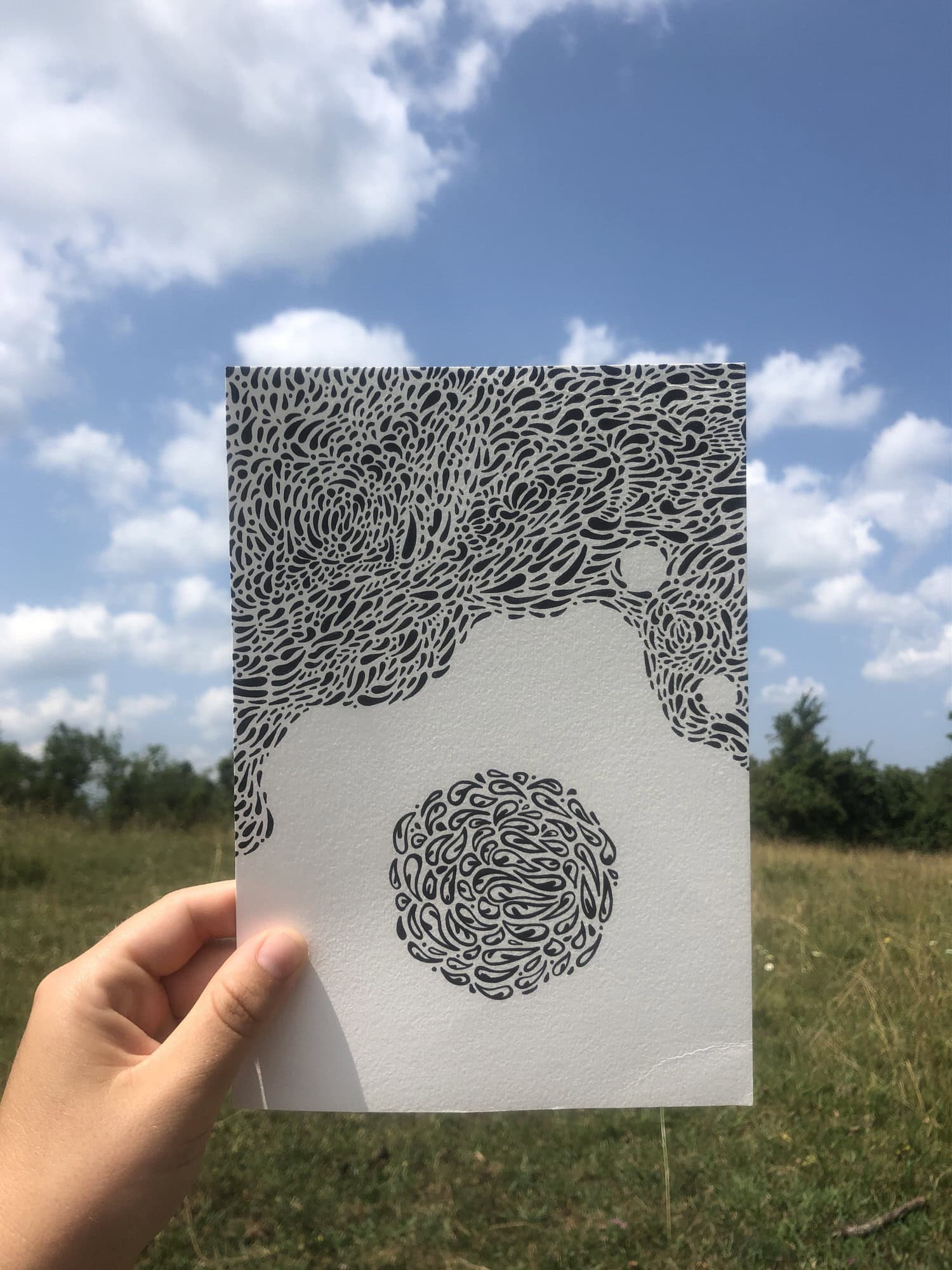 A hand holds a piece of paper with intricate black ink patterns in front of a grassy field and a blue sky with scattered clouds.